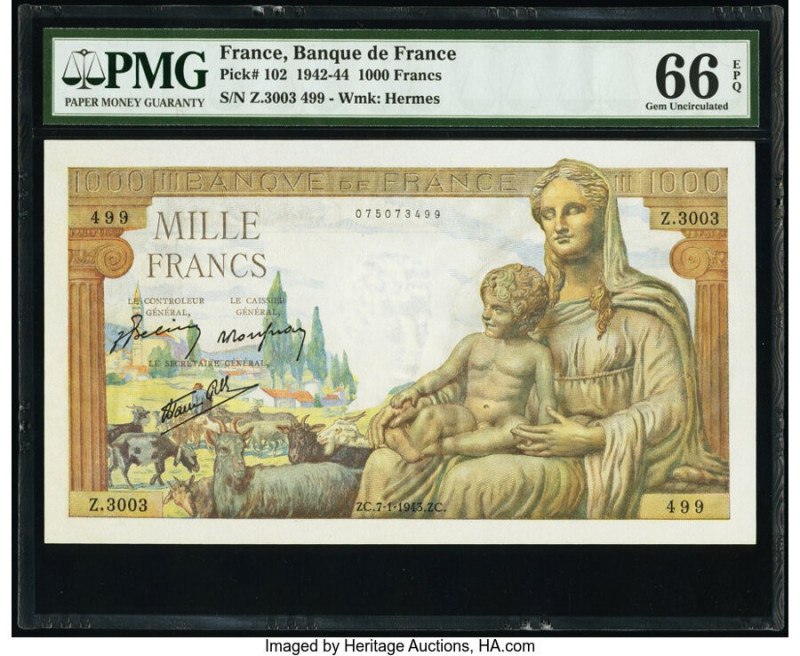 France Banque de France 1000 Francs 7.1.1943 Pick 102 PMG Gem Uncirculated 66 EP...