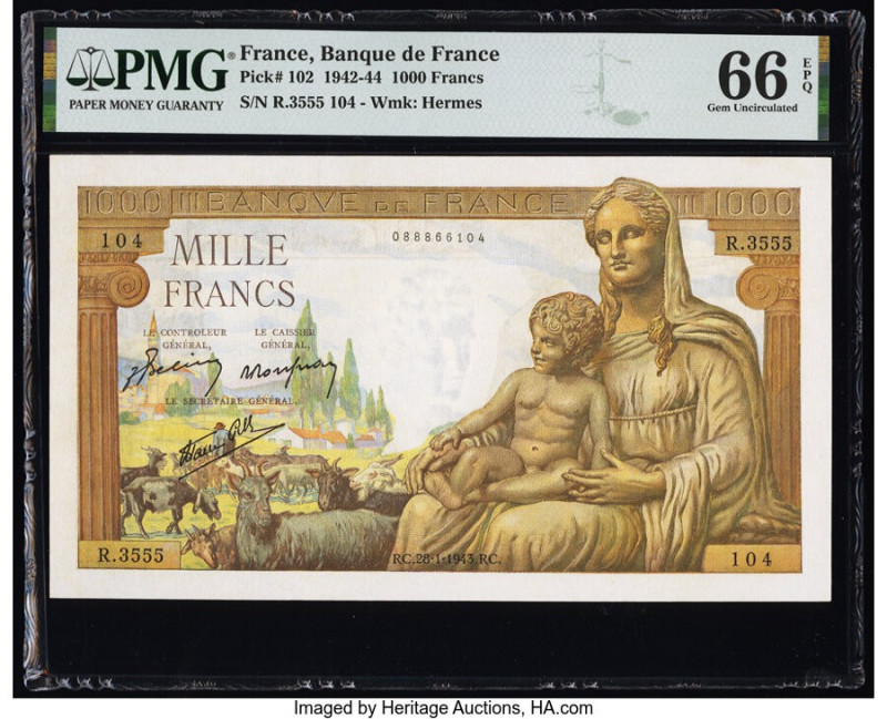 France Banque de France 1000 Francs 28.1.1943 Pick 102 PMG Gem Uncirculated 66 E...