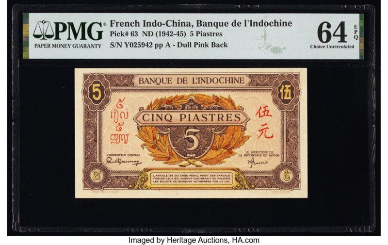 French Indochina Banque de l'Indo-Chine 5 Piastres ND (1942-45) Pick 63 PMG Choi...