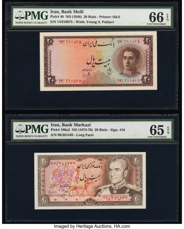 Iran Bank Melli 20 Rials ND (1948); (1974-79) Pick 48; 100a2 Two Examples PMG Ge...