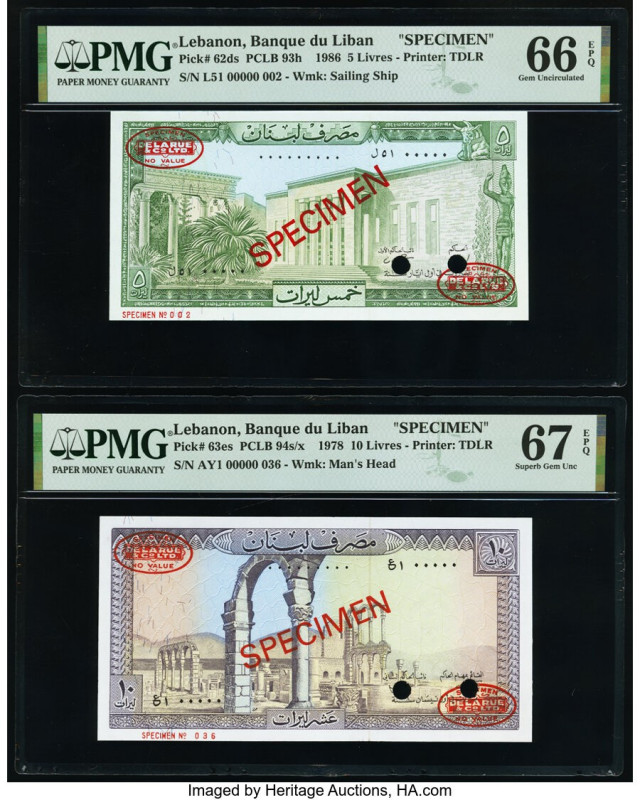 Lebanon Banque du Liban 5; 10 Livres 1986; 1978 Pick 62ds; 63es Two Specimen PMG...