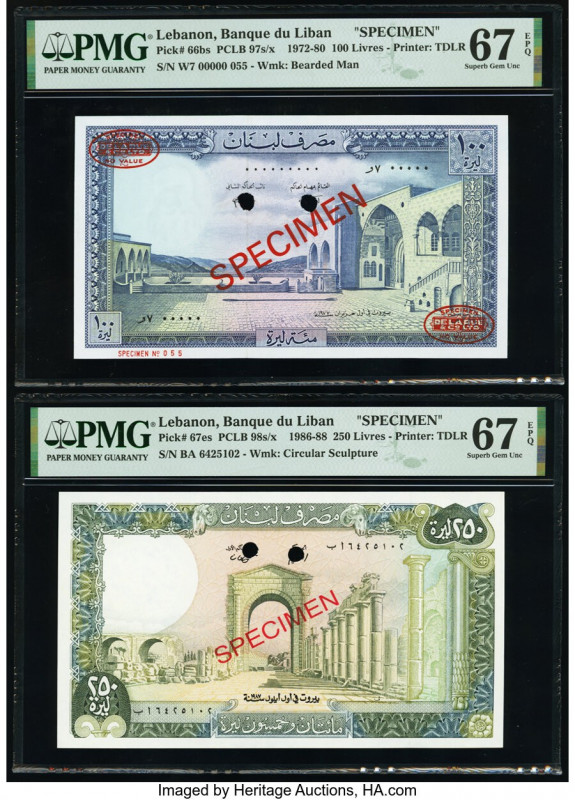 Lebanon Banque du Liban 100; 250 Livres 1977; 1987 Pick 66bs; 67es Two Specimen ...