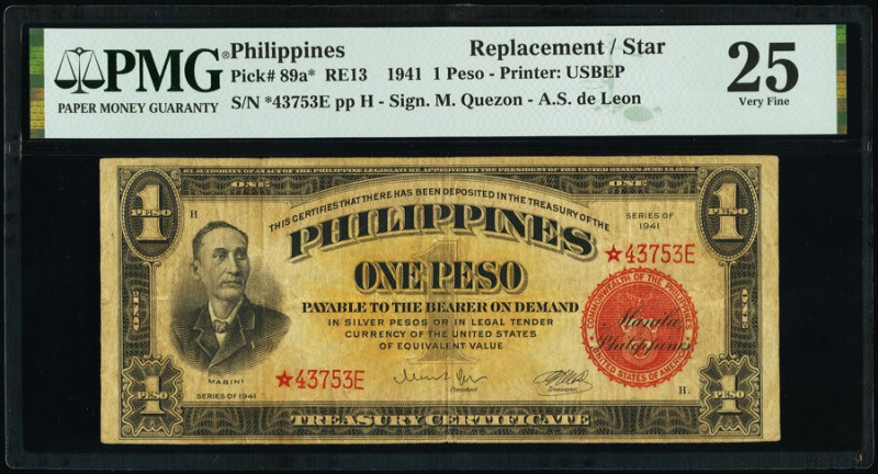 Philippines Treasury Certificate 1 Peso 1941 Pick 89a* Replacement PMG Very Fine...