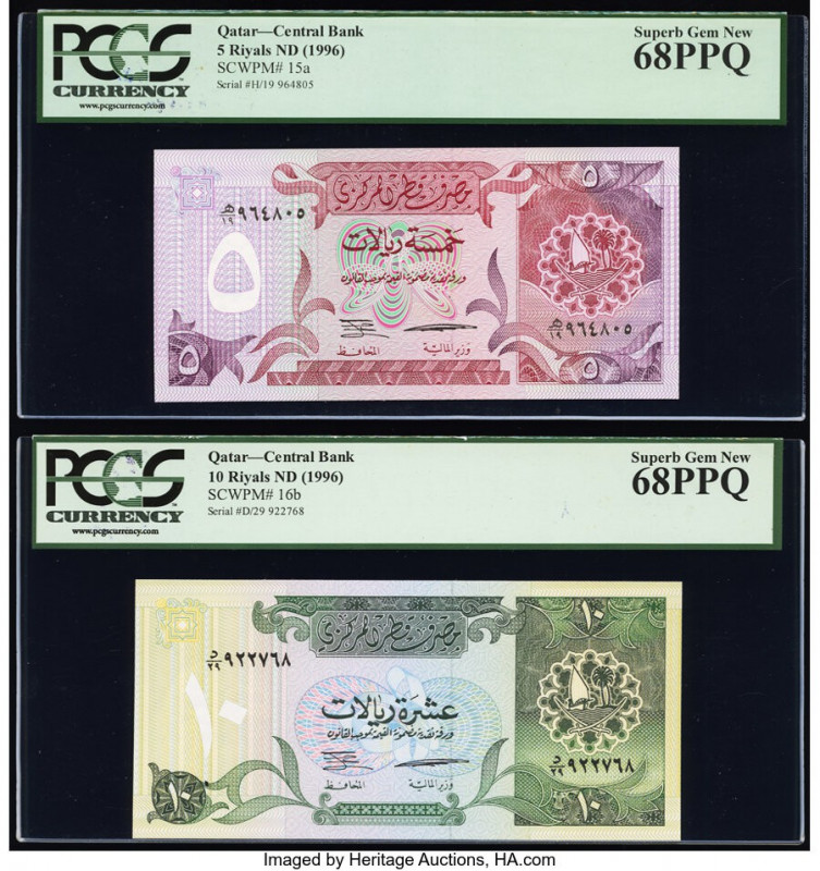 Qatar Qatar Central Bank 5; 10 Riyals ND (1996) Pick 15a; 16b Two Examples PCGS ...