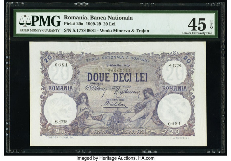 Romania Banca Nationala 20 Lei 7.3.1919 Pick 20a PMG Choice Extremely Fine 45 EP...