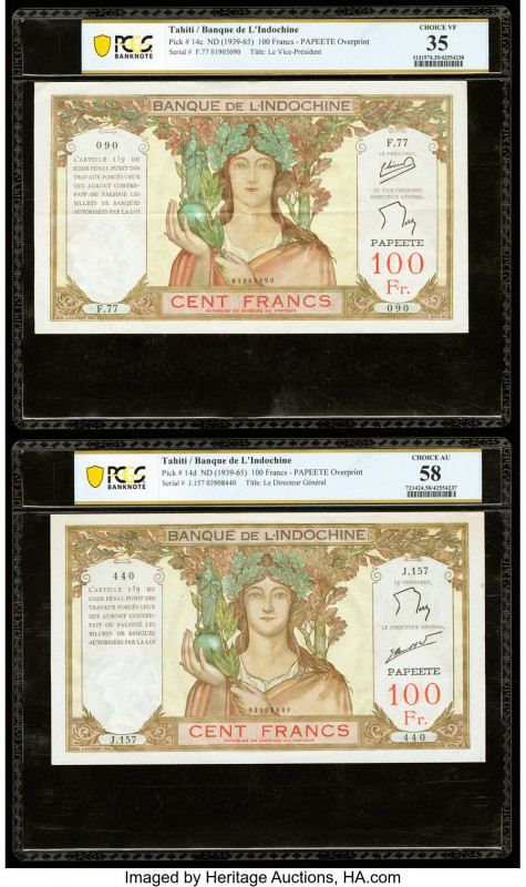 Tahiti Banque de l'Indochine 100 Francs ND (1939-65) Pick 14c; 14d Two examples ...