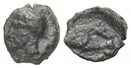 Sizilien. Ungesicherte Münzstätte (Segesta?).

Bronze. Um 400 v. Chr.
Vs: Kopf links.
Rs: Vorderteil eines Hundes rechts.

10 mm. 0,89 g.

Vgl...