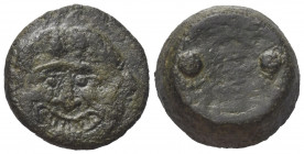 Sizilien. Himera.

 Bronze (Hexas / Dionkion). Ca. 430 - 420 v. Chr.
Vs: Gorgonenhaupt en face.
Rs: Zwei Wertkugeln.

20 mm. 12,66 g. 

HGC 2,...