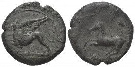 Sizilien. 'Kainon'.

 Bronze. Ca. 360 - 340 v. Chr.
Vs: Greif nach links springend.
Rs: Pferd nach links galoppierend.

22 mm. 7,02 g. 

HGC 2...