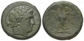 Sizilien. Mamertinoi.

 Bronze. Ca. 275 - 264 v. Chr. Messana.
Vs: Kopf des Ares mit Lorbeerkranz rechts; im Feld links Helm.
Rs: Adler mit gespre...