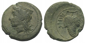 Sizilien. Tauromenion.

 Bronze. 3. Jhdt. v. Chr.
Vs: Kopf der Hera mit Polos links.
Rs: Weintraube mit Blättern.

15 mm. 2,05 g. 

HGC 2, 159...