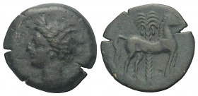 Sizilien. Sikulo-punische Prägungen.

 Bronze. Ca. 310 - 280 v. Chr.
Vs: Kopf der Tanit mit Ährenkranz links.
Rs: Pferd nach rechts stehend, dahin...