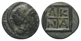 Makedonien. Akanthos.

 Bronze. Ca. 400 - 358 v. Chr.
Vs: Kopf der Athena mit attischem Helm rechts.
Rs: A - K / N - A. Viergeteiltes Linienquadra...
