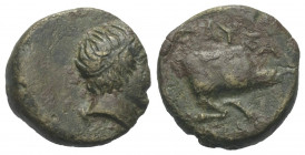 Königreich Makedonien. Pausanias (394 - 393 v. Chr.).

 Bronze. Aigai oder Pella.
Vs: Männlicher Kopf mit Tainia rechts.
Rs: Eberprotome nach rech...