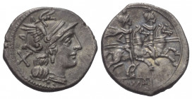 Anonyme Prägungen.

 Denar (Silber). Nach 211 v. Chr. Rom.
Vs: Kopf der Roma mit geflügeltem Helm rechts, dahinter Wertzeichen.
Rs: ROMA. Die Dios...