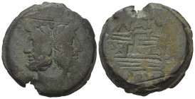 Pinarius Natta.

 As (Kupfer). 155 v. Chr. Rom.
Vs: Janusartiger Doppelkopf des Pompeius Magnus mit Lorbeerkranz.
Rs: NAT. Schiffsbug (prora) mit ...