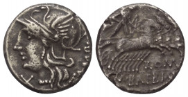 M. Baebius Tampilus.

 Denar (Silber). 137 v. Chr. Rom.
Vs: TAMPIL. Kopf der Roma mit geflügeltem Helm links, davor Wertzeichen.
Rs: ROMA / M BAEB...