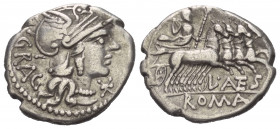 L. Antestius Gragulus.

 Denar (Silber). 136 v. Chr. Rom.
Vs: GRAG. Kopf der Roma mit geflügeltem Greifenkopfhelm rechts, davor Wertzeichen.
Rs: L...