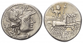 L. Minucius.

 Denar (Silber). 133 v. Chr. Rom.
Vs: Kopf der Roma mit geflügeltem Helm rechts, dahinter Wertzeichen.
Rs: ROMA / L MINVCI. Jupiter ...