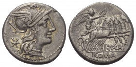 P. Maenius Antiaticus.

 Denar (Silber). 132 v. Chr. Roma.
Vs: Kopf der Roma mit geflügeltem Greifenkopfhelm rechts, im Feld links Wertzeichen.
Rs...