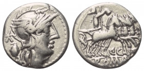 C. Cassius.

 Denar (Silber). 126 v. Chr. Rom.
Vs: Romakopf mit geflügeltem Helm nach rechts, dahinter Wahlurne.
Rs: Libertas in Quadriga mit Stab...