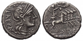 M. Porcius Laeca.

 Denar (Silber). 125 v. Chr. Rom.
Vs: LAECA. Kopf der Roma mit Flügelhelm rechts. Davor Wertzeichen X.
Rs: M. PORC. / ROMA. Lib...