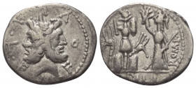M. Furius Philus.

 Denar (Silber). 119 v. Chr. Rom.
Vs: M FOVRI. L. F. Doppelkopf des Janus mit Lorbeerkranz.
Rs: Roma mit Szepter nach links ste...