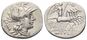 M. Tullius.

 Denar (Silber). 119 v. Chr. Rom.
Vs: ROMA. Kopf der Roma mit geflügeltem Greifenkopfhelm rechts.
Rs: M TVLLI. Victoria mit Palmzweig...