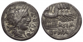 Q. Curtius und M. Iunius Silanus.

 Denar (Silber). 116 - 115 v. Chr. Rom.
Vs: Q CVRT. Kopf der Roma mit geflügeltem Helm rechts, dahinter Wertzeic...
