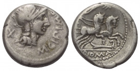 M. Cipius.

 Denar (Silber). 115 - 114 v. Chr. Rom.
Vs: M CIPI M F. Kopf der Roma mit geflügeltem Helm rechts, dahinter Wertzeichen.
Rs: ROMA. Vic...