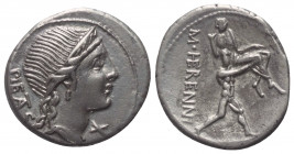 M. Herennius.

 Denar (Silber). 108 oder 107 v. Chr. Rom.
Vs: PIETAS. Kopf der Pietas mit Diadem rechts.
Rs: M HERENNI. Amphinomus, einer der beid...