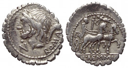L. Memmius Galeria.

 Denar (Silber). 106 v. Chr. Rom.
Vs: ROMA. Kopf des Saturnus mit Lorbeerkranz links, dahinter Harpa; im Feld links N.
Rs: L ...