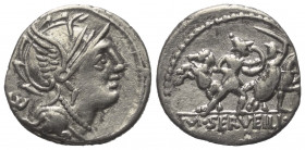 M. Servilius.

 Denar. 100 v. Chr. Rom.
Vs: Kopf der Roma mit geflügeltem Helm rechts, dahinter Kontrollmarke.
Rs: M SERVEILI C F. Zwei abgestiege...