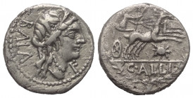 C. Allius Bala.

 Denar (Silber). 92 v. Chr. Rom.
Vs: BALA. Weiblicher Kopf mit Diadem und Halskette rechts, davor F.
Rs: C ALLI. Diana mit Fackel...
