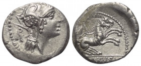 D. Iunius Silanus.

 Denar (Silber). 91 v. Chr. Rom.
Vs: Kopf der Roma mit geflügeltem Helm rechts, dahinter Kontrollmarke R.
Rs: D SILANVS L F / ...