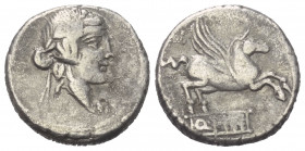 Q. Titius.

 Denar (Silber). 90 v. Chr. Rom.
Vs: Kopf des Bacchus (Liber) mit Efeukranz rechts.
Rs: Pegasus nach rechts springend, darunter Basis ...