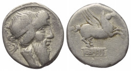 Q. Titius.

 Denar (Silber). 90 v. Chr. Rom.
Vs: Kopf des Mutinus Titinus (Priapos) mit Flügeldiadem rechts.
Rs: Pegasus nach rechts springend, da...