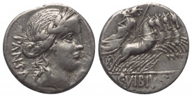 C. Vibius Pansa.

 Denar (Silber). 90 v. Chr. Rom.
Vs: PANSA. Kopf des Apollo mit Lorbeerkranz rechts, davor Kontrollmarke.
Rs: C VIBIVS C F. Mine...