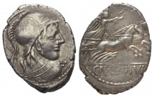 Cn. Lentulus Clodianus.

 Denar (Silber). 88 v. Chr. Rom.
Vs: Büste des Mars mit korinthischem Helm von hinten gesehen, Kopf nach rechts, über der ...