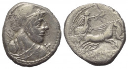 Cn. Lentulus Clodianus.

 Denar (Silber). 88 v. Chr. Rom.
Vs: Büste des Mars mit korinthischem Helm von hinten gesehen, Kopf nach rechts, über der ...