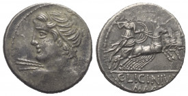 C. Licinius Macer.

 Denar (Silber). 84 v. Chr. Rom.
Vs: Büste des Apollo mit Blitzbündel in Rückenansicht nach links.
Rs: C LICINIVS L F / MACER....