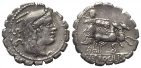 L. Procilius.

 Denar (Silber). 80 v. Chr.
Vs: Kopf der Juno Sospita mit Ziegenfellkappe rechts, dahinter S C.
Rs: L PROCILI F. Juno Sospita mit L...