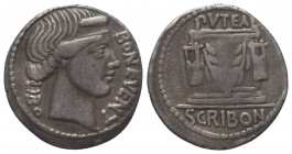 L. Scribonius Libo.

 Denar (Silber). 62 v. Chr. Rom.
Vs: BON EVENT / LIBO. Kopf des Bonus Eventus mit Diadem rechts.
Rs: PVTEAL / SCRIBON. Das Pu...