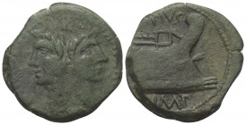 Sextus Pompeius.

 As. Ca. 42 - 38 v. Chr. Ungesicherte Münzstätte auf Sizilien.
Vs: MAGN. Janusartiger Doppelkopf des Pompeius Magnus mit Lorbeerk...