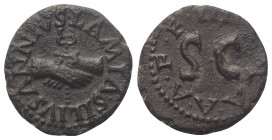 Augustus (31 v. - 14 n. Chr.).

 Quadrans. 9 v. Chr. Rom.
Vs: LAMIA SILIVS ANNIVS. Caduceus zwischen Händen im Handschlag.
Rs: III VIR AAAFF um SC...