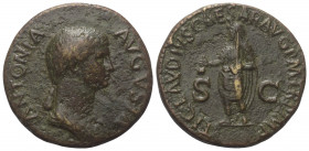 Antonia.

 Dupondius. Rom.
Vs: ANTONIA AVGVSTA. Drapierte Büste rechts.
Rs: TI CLAVDIVS CAESAR AVG P M TR P IMP / S - C.Claudius in Toga mit Simpu...