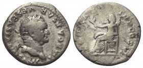 Vespasianus (69 - 79 n. Chr.).

 Denar (Silber). 75 n. Chr. Rom.
Vs: IMP CAESAR VESPASIANVS AVG. Kopf mit Lorbeerkranz rechts.
Rs: PON MAX TR P CO...