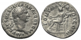 Traianus (98 - 117 n. Chr.).

 Denar (Silber). 98 n. Chr. Rom.
Vs: IMP CAES NERVA TRAIAN AVG GERM. Kopf mit Lorbeerkranz rechts.
Rs: PONT MAX TR P...