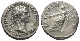 Traianus (98 - 117 n. Chr.).

 Denar (Silber). 98 - 99 n. Chr. Rom.
Vs: IMP CAES NERVA TRAIAN AVG GERM P M. Kopf mit Lorbeerkranz rechts.
Rs: TR P...