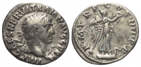 Traianus (98 - 117 n. Chr.).

 Denar (Silber). 102 n. Chr. Rom.
Vs: IMP CAES NERVA TRAIAN AVG GERM. Kopf mit Lorbeerkranz rechts.
Rs: P M TR P COS...
